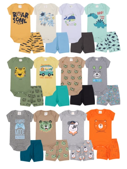 Kit 10 Peças de Roupas Infantil Bebê Menino Masculino 5 Body + 5 Tapa Fralda/Shorts