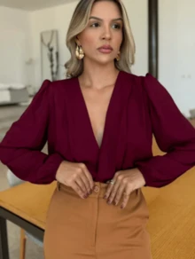 LONG SLEEVE LINEN BLOUSE WITH CHIC V-NECK, ELEGANCE AND SOPHISTICATION FOR STYLISH WOMEN! - Burgundy - View 2