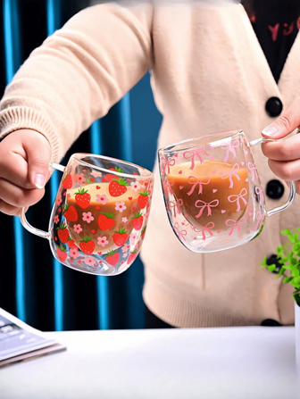 1 件草莓与蝴蝶结耐热双层玻璃杯，厨房用品，玻璃杯，玻璃杯，马克杯，咖啡杯，吸管杯，带手柄的奶茶杯，适用于婚礼用品，朋友聚会，生日礼物，露营必需品，露营，结婚礼物，母亲节，父亲节，万圣节，圣诞节，圣诞节礼物，印花和纹理瓶子和罐子