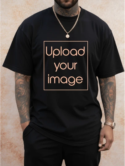 Customized Photo Printed Plus Size Men's T-Shirt, Personalized Design, Custom Made Plus Men's Wear, Summer Loose Plus Size T-Shirt Customization, Upload Your Friend/Selfie/Family/LOGO/Pet Photo, Birthday/Father's Day/Valentine's Day Gift, Team Uniform Outdoor Wear Customization, Personalized Image Round Neck Plus Size Short Sleeve Loose Fit Men's T-Shirt, Holiday Gift, Birthday Gift Customization, Plus Size Men's T-Shirt, T-Shirt Pattern Customization, Summer Men's Plus Size Top Black