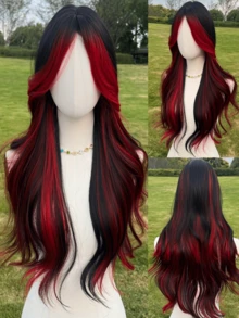 28-Inch Black & Red Long Wavy Wig, Natural Looking Synthetic Hair Wig, Suitable For Women Daily, Party, Cosplay, Christmas