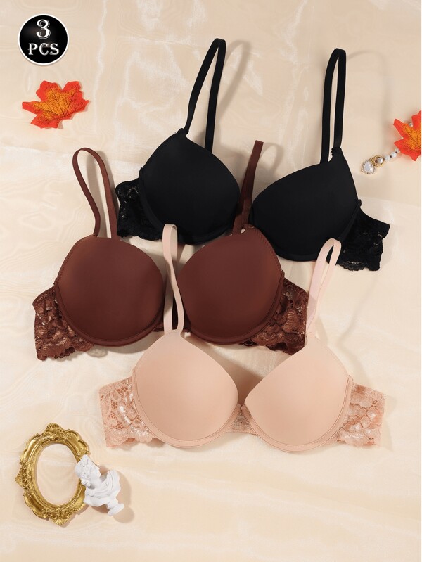 3Pcs Women's Push Up Lingerie Bras, Comfortable And Breathable Underwired Lingerie Bras,Must Choose In Summer,
