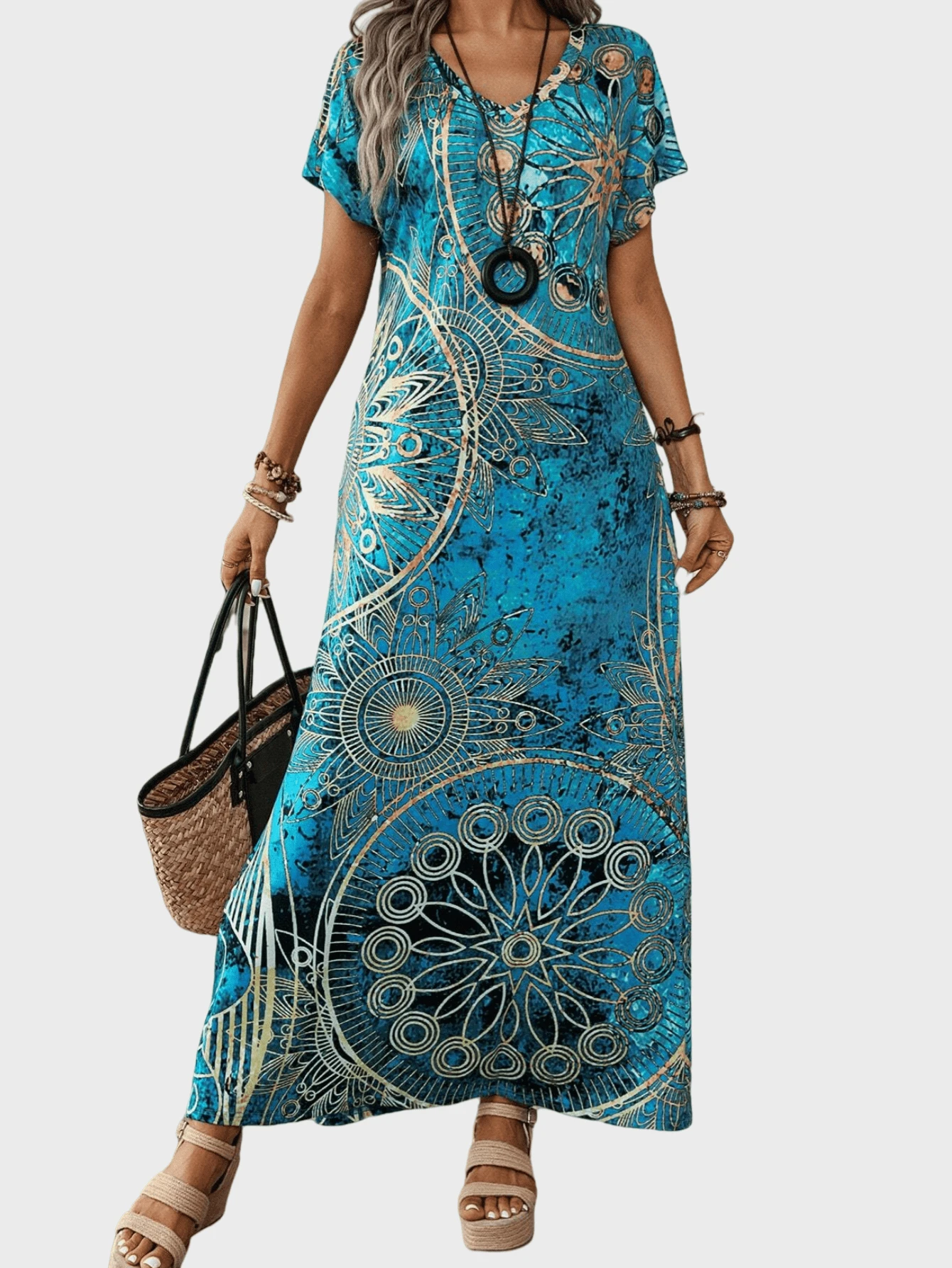 Summer Bohe Printed V-Neck Short Sleeve Loose Straight Maxi Dress, Leisure/Beach Vacation/Party Outfits - 藍色 - 查看 1