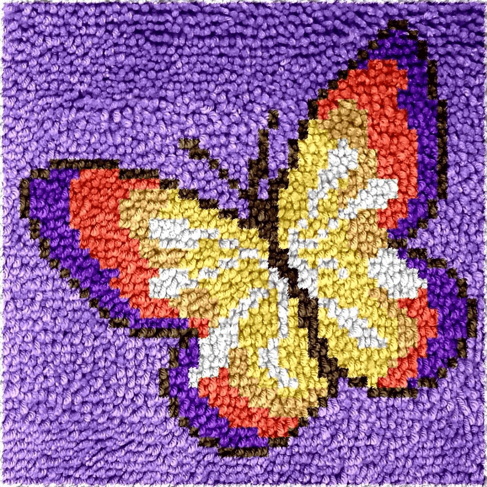 Set di kit di ricamo a uncinetto per adulti per artigianato di tappeti fai-da-te, motivo farfalla, tela stampata colorata, ricamo a mano per principianti, kit di ricamo a uncinetto per decorazione domestica, kit tappeto fai-da-te per principianti con tela per decorazione della casa