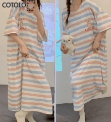 COTOLO Vestido de dormir de manga corta de algodón suave a rayas, con estampado de dibujos animados lindo, diseño con almohadillas para el pecho extraíbles, corte holgado y midi, transpirable y cómodo, para uso en casa o fuera, pijama de verano para mujeres - Conejito de rayas azules y rosas - Ver 4