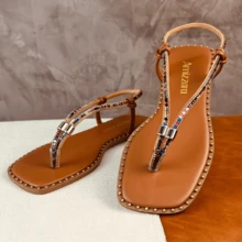 Amizzara Women's Flat Slippers With Adjustable Shiny Rhinestones For Everyday Comfort - 駝色 - 查看 7