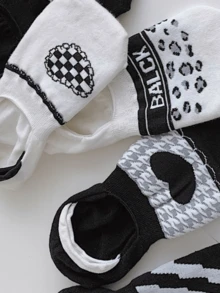 1/5 Pairs Women's Black & White Print Invisible Liner Socks, Suitable For Spring And Summer - Multicolor - View 8