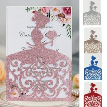 [Glittery Invitation] 10pcs Glittery Pink Laser-Cut Invitation Cards With Insert Insert Card | Elegant Floral & Heart Design, Bridal Shower Party Supplies | Elegant Invitations, Princess, Wedding, Birthday, Baptism - 10pcs/set - View 2