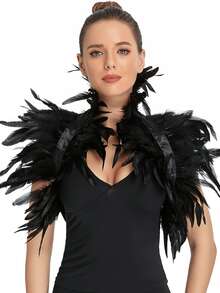 1pc Natural Feather Scarf, Women Costume Role Play Black Luxury Feather Shoulder Accessory, Sexy Punk Gothic Style Feather Shawl, Gothic Feather Vest Cape, Costume For Festivals, Parties, Performances - Black - View 6