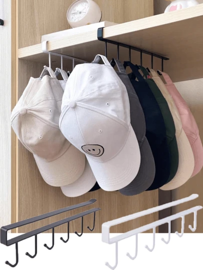 1 cái/Giá treo mũ gắn tường cho tủ quần áo, Giá treo mũ không cần khoan có 6 móc, Giá để mũ bóng chày tiết kiệm không gian, Giá treo thắt lưng khăn quàng cổ bằng kim loại, Dễ dàng lắp đặt dưới tủ cho tủ quần áo phòng ngủ.