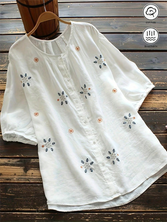 Women's Casual Round Neck Floral Embroidered Button Down Shirt, Summer