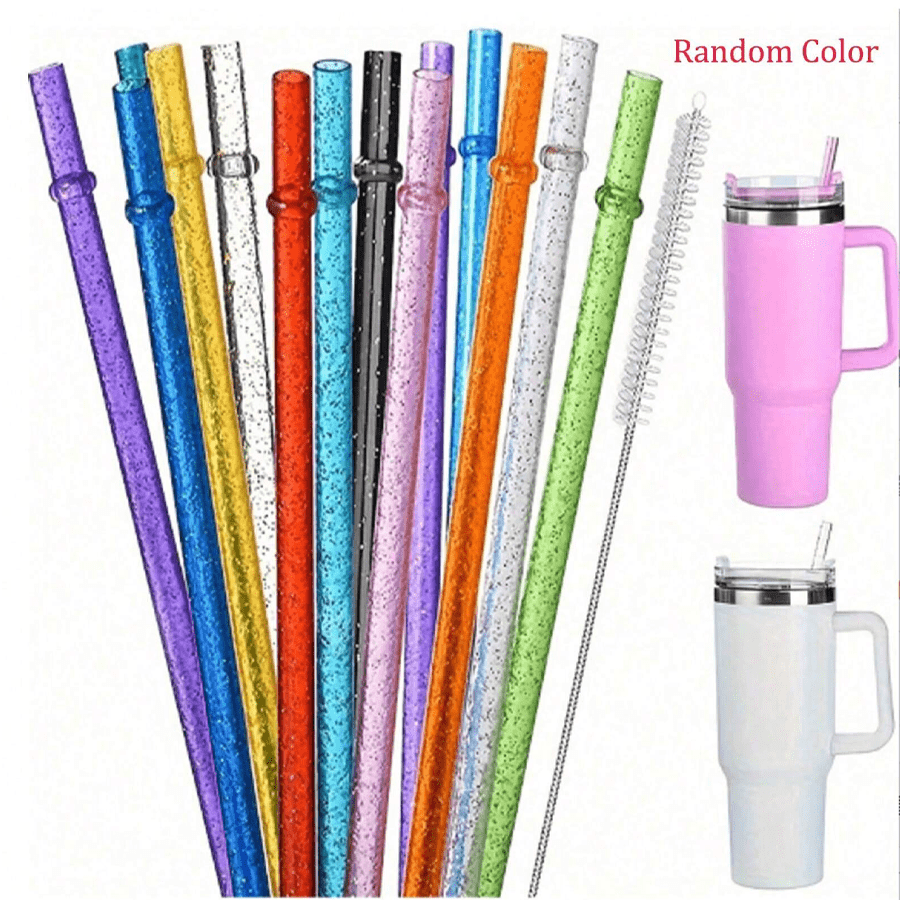 12 piezas, Pajitas, Pajitas de plástico recubierto de purpurina reutilizables, pajitas extra largas de 12.4/9.06 pulgadas para vasos, botellas de 1 galón, botellas de agua, pajitas con cepillo de limpieza, artículos para fiestas (1/3/6/12 piezas)