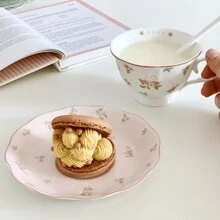 Conjunto de Xícara e Pires de Café Cerâmica Rosa Coelho 250ml, Conjunto de Chá da Tarde Vintage Estilo Coreano Fofo e Feminino