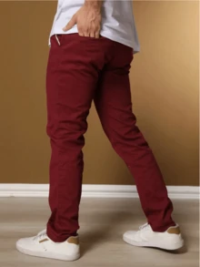 Men's Lycra Spandex Skinny Slim Colorful Jeans - Burgundy - View 3