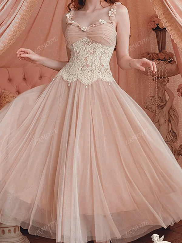 French-Style Sweet Pink Lace & Tulle Boned Spaghetti Strap Fairy Dress, Party Dress, Prom Dress