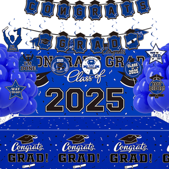 蓝色主题 2025 年毕业装饰套装 - 祝贺毕业横幅、2025 年毕业班背景、气球和彩带套装 - 大学庆祝活动的完整派对用品、Lulu 复活节装饰
