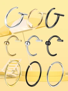 9pcs Minimalist Unisex 18K Vacuum Plated Hypoallergenic Titanium Steel C-Shape Nose Rings & Lip Rings, Suitable For Daily Wear - Multi-style - View 1