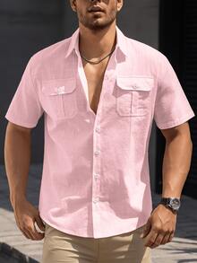 男士纯色休闲短袖衬衫 - 舒适透气，适合工作场合，时尚设计 - 粉色 - 查看 1
