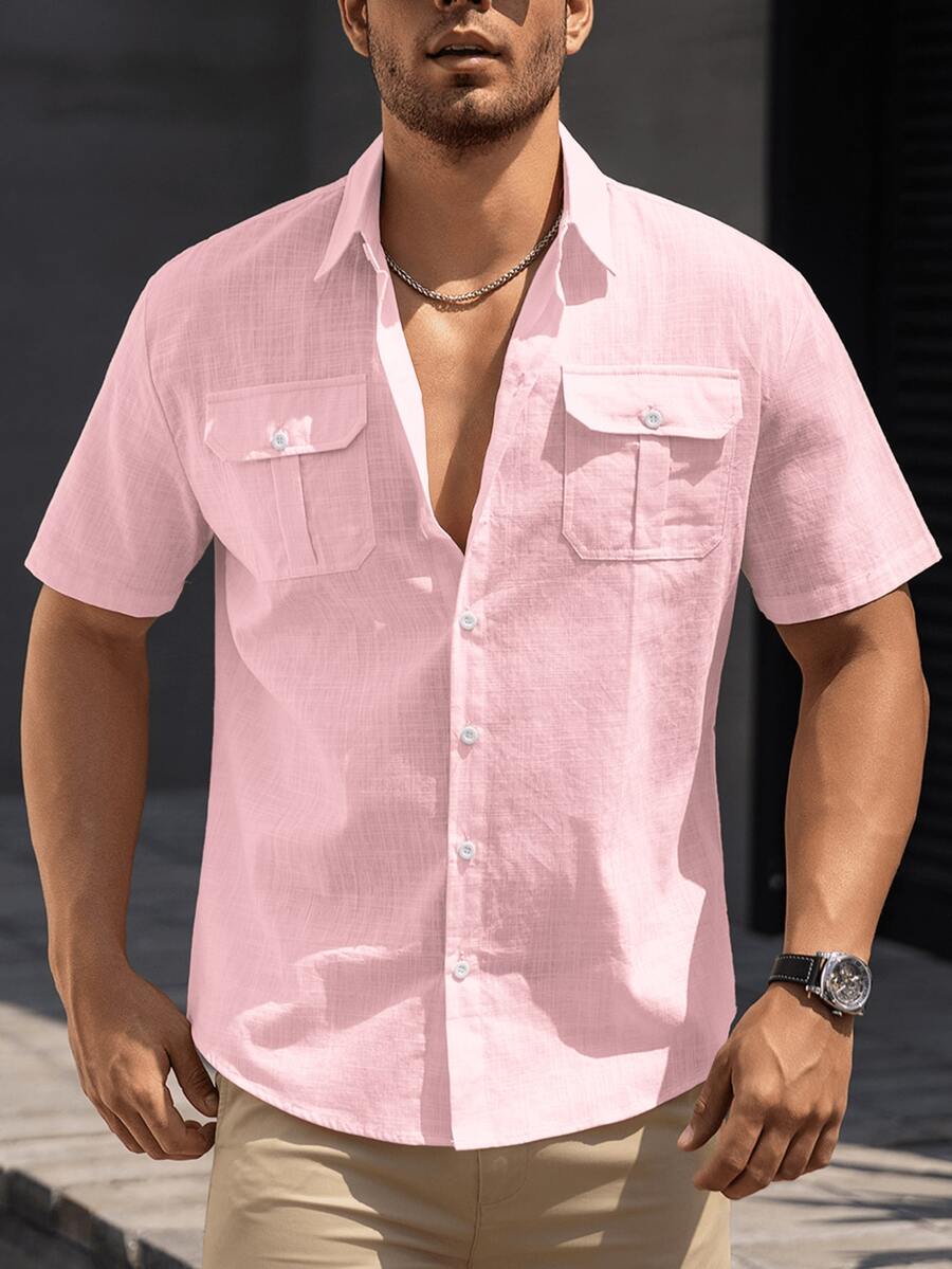 男士纯色休闲短袖衬衫 - 舒适透气，适合工作场合，时尚设计 - 粉色 - 查看 1