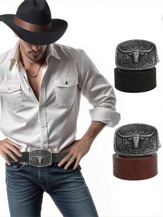 A Western-Style Men's PU Leather Belt Cowboy Style Retro With Silver Black Cow Head Pattern Adjustable Buckle Belt For Role Play Summer, School Casual, Business, Boyfriend Husband Father Dad Men Gift, Daily Wear, Fashion, Teen, Outdoor, Vacation, Athletic, Travel, Street, Boho, Vintage Fall, Autumn, Halloween Autumn-Winter Accessories,Suitable For Teens, Youth,Men,Casual, Outdoor, Athletic, Vacation, Graduation Gifts, Birthday, Daily Wear