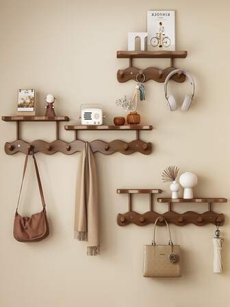 1pc Wave Shaped Wall Mounted Coat Rack Hanger With Key & Bag Storage Hooks, Suitable For Entryway, Bedroom, No Drill Required