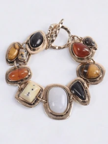 1pc Elegant Personalized Geometric Metal Colorful Stone Necklace & Bracelet Set, Suitable For Men & Women, Fit For Summer Beach Party, Travel - Multicolor - View 3