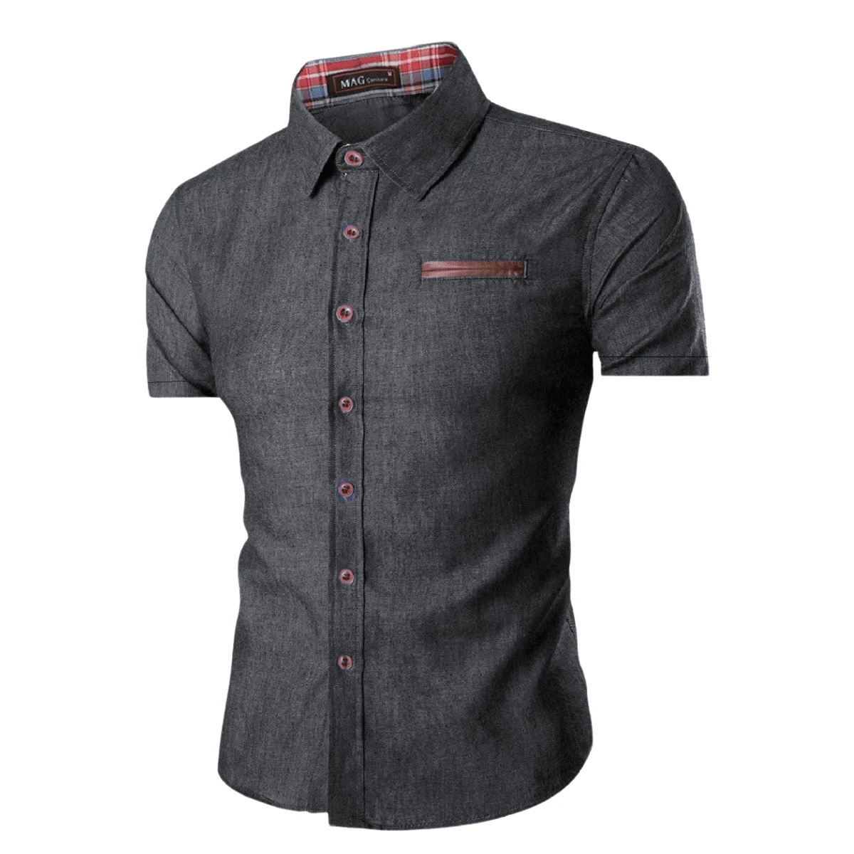 Short Sleeve Slim Fit Dress Shirt - 黑色 - 查看 1