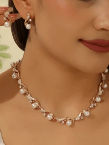 3pcs Elegant Women Jewelry Set, Cubic Zirconia & Faux Pearl Gold Plated Necklace And Earrings, Fashion Accessories For Women, Perfect For Summer, Parties, Photos, Dates, Engagements, Gift For Girlfriend, Mother - Yellow Gold - View 11