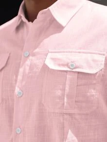 男士纯色休闲短袖衬衫 - 舒适透气，适合工作场合，时尚设计 - 粉色 - 查看 6