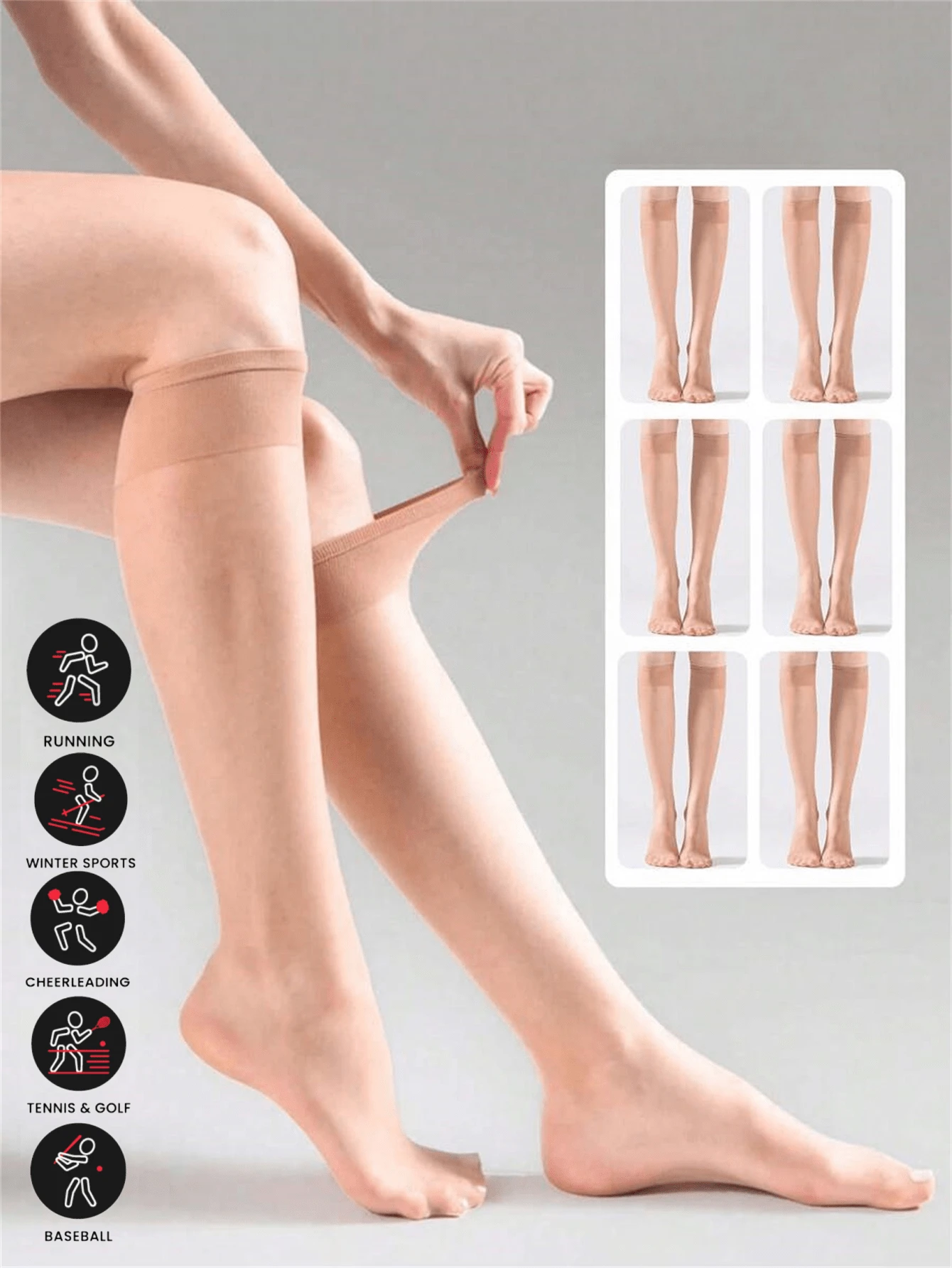 6pairs Women's 15D Nude Nude Seamless Nylon Stockings, Sexy Sheer Knee-High Socks