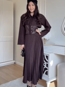 Women's Solid Color Long Sleeve Spring New Elastic High Waist Pleated Hem Dress - Brown - View 2