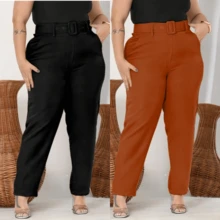 Kit 2 Pants Plus Belt Tailoring Plus Size High Waist Elegant Casual Promotion - 黑色+磁磚 - 查看 2