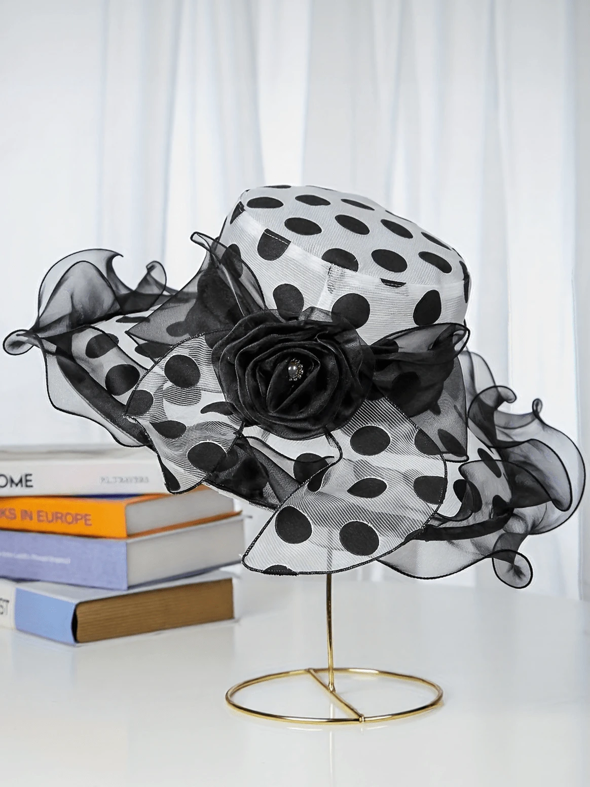 欧根纱圆点宽边帽，女士欧美风波浪边沙滩遮阳帽，夏季 - 波點風格 - 查看 1