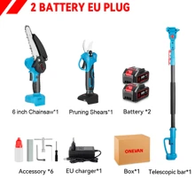 ONEVAN Ensemble de scie à perche télescopique et de sécateurs sans balais, tronçonneuse électrique 3 en 1, ciseaux de scie électrique sans fil, sécateurs, ensemble d'outils d'élagage de jardin