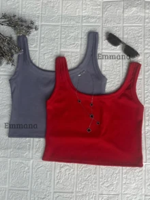 Kit 2 Cropped Canelado Regata Feminino Blusa Básica Camiseta Curta Croped Casual - Cinza/Vermelho - Visão 2