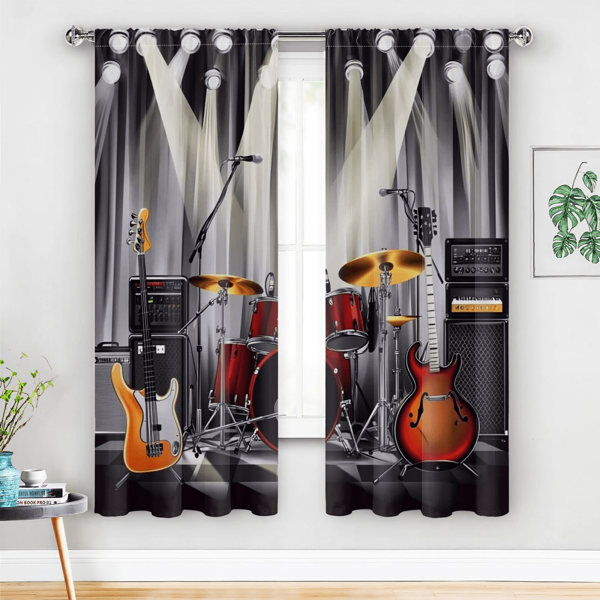 [Rock Band Theme Curtains] 2pcs Blackout Curtains - Classic Rock Band Themed Polyester Curtains - Guitar, Drum Set And Music Equipment Print, Suitable For Music Room Decor, Room Decor, Bedroom Decor, Home Decor Curtains, Living Room Curtains