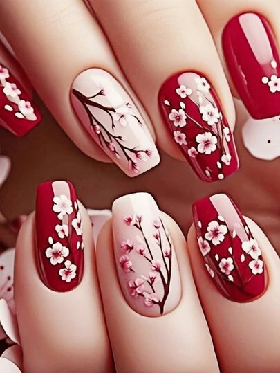 24 片装心形条纹玫瑰美甲贴纸，情人节主题按压式指甲贴美甲用品