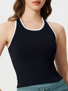 Slim Fit Top,Women's Summer Ribbed Knit Sports Tank Top - Black - View 3