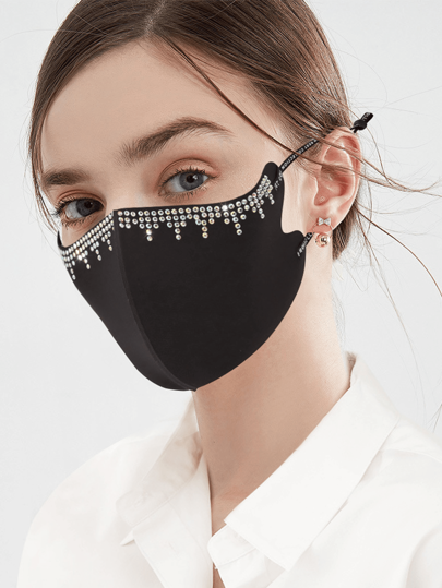 Rhinestone Decorated Fringe Thin Breathable Ice Silk Face Mask With Crystals,Solid Color Sun Protection,Summer