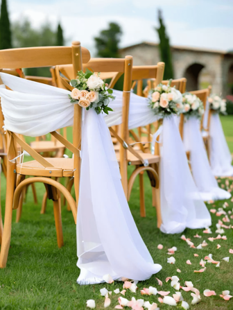6 Packs/12 Packs White Chair Sashes, Long Aisle Wedding Chair Back Side Decorations, Sheer Polyester Tulle Fabric Drapes, Woven Church Chair Decor Bulk, Perfect Decorations For Wedding Aisle, Banquet, Birthday, General Fit, Fabric Chair Decor For Church & Events