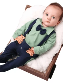 Conjunto Macacão Infantil Jardineira Gravata RN Várias Cores - Verde - Visão 3