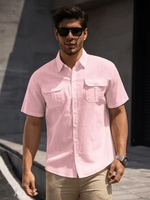 男士纯色休闲短袖衬衫 - 舒适透气，适合工作场合，时尚设计 - 粉色 - 查看 3