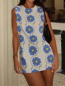 Women's Fashionable Printed Short Fairy Dress, Suitable For Vacation - Royal Blue - View 5