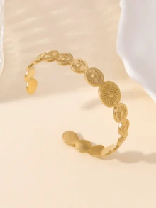 1pc Fashionable Niche Minimalist Stainless Steel Round Adjustable Bangle Bracelet - Yellow Gold - View 1