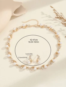 3pcs Elegant Women Jewelry Set, Cubic Zirconia & Faux Pearl Gold Plated Necklace And Earrings, Fashion Accessories For Women, Perfect For Summer, Parties, Photos, Dates, Engagements, Gift For Girlfriend, Mother - Yellow Gold - View 8