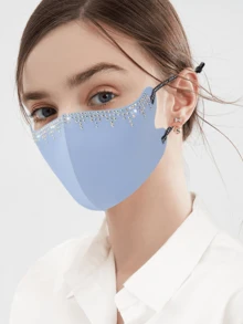 Rhinestone Decorated Fringe Thin Breathable Ice Silk Face Mask With Crystals,Solid Color Sun Protection,Summer