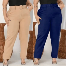 Kit 2 Pants Plus Belt Tailoring Plus Size High Waist Elegant Casual Promotion - 米色+海軍藍 - 查看 2