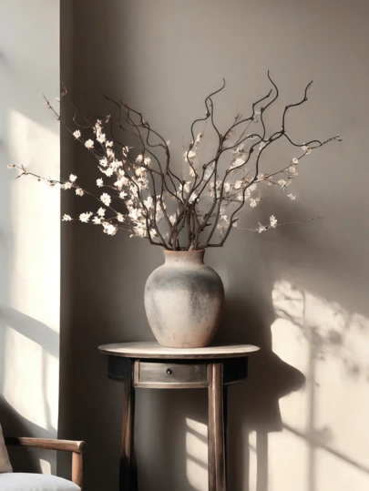 1个日式侘寂风格圆肚窄口陶瓷花瓶，适合民宿艺术装饰、客厅桌面插花、门厅氛围装饰、家居装饰、房间装饰、玻璃花瓶