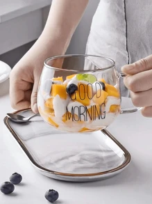 1pc Heat Resistant Glass Milk Cup With Handle, Breakfast Cereal Cup, Microwave Friendly Glass Tea Cup, Large Belly Mug(Without Spoon, It Needs To Be Purchased Separately)