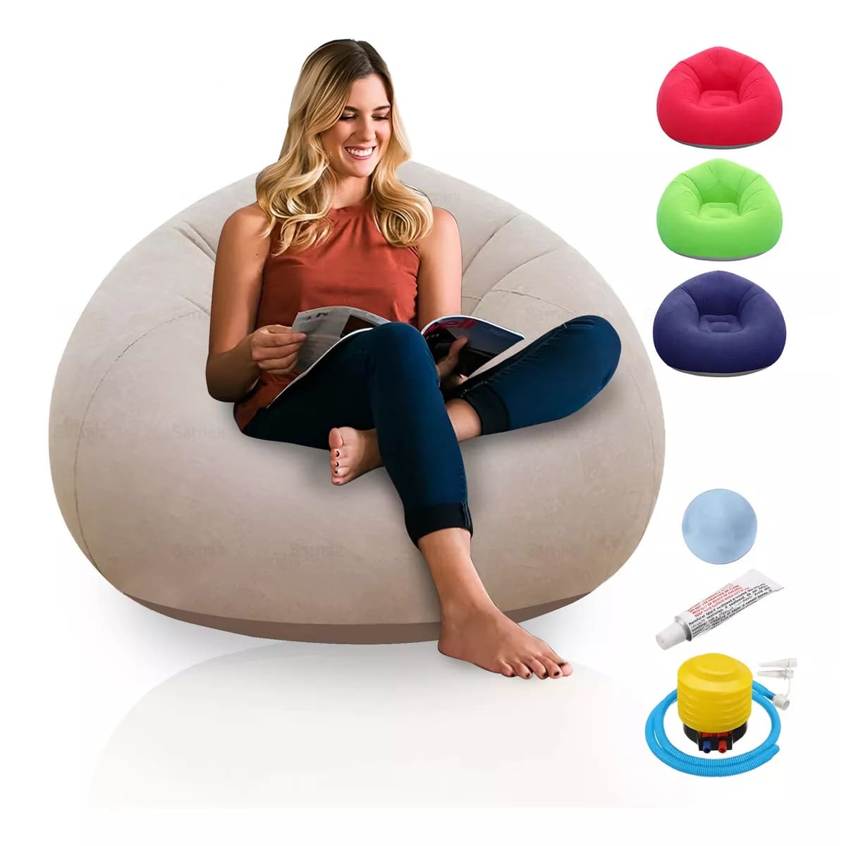 Sofá Inflable Lazy Sillón Aterciopelada Puff + Bomba - Café integral - Ver 1